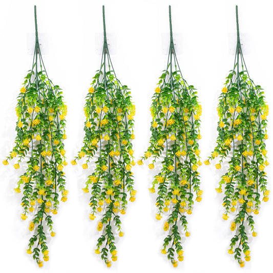 LUZOGA 4 Pcs Artificial Fake Flowers, Hanging Plastic Plants Outside,Eucalyptus with Camellia Vine Garland，Outside Indoor Decorations (Yellow-Eucalyptus)