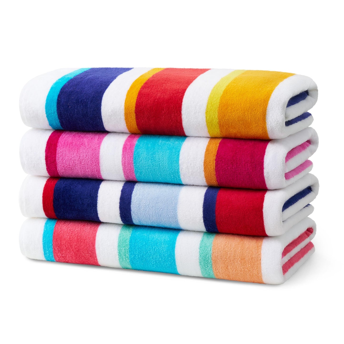 Kaufman - Joey Velour Colored Classic Multi-Color Stripe Beach & Pool Towel - Large 100% Combed Cotton Beach Towel - Soft & Absorbent Colorful Towels - 32" x 62" - 4 Pack