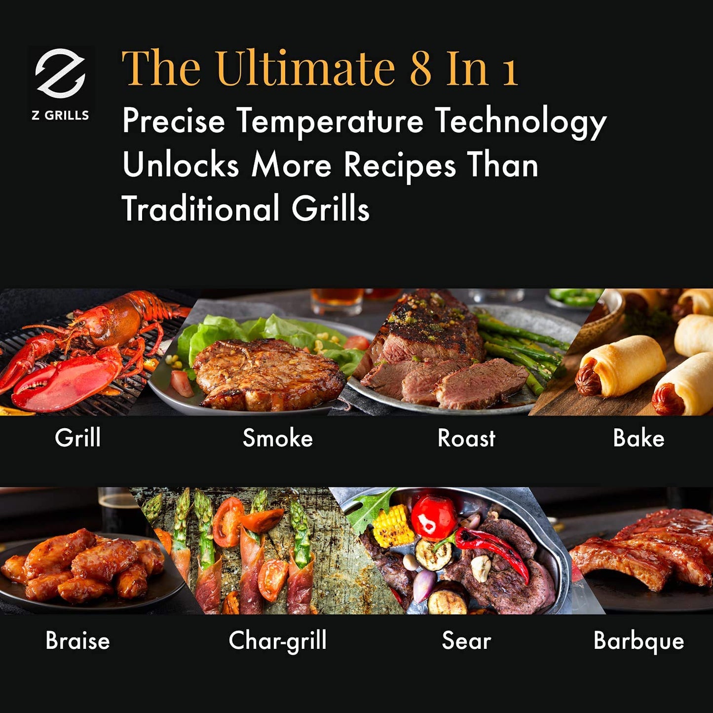 Z GRILLS ZPG-450A 2024 Upgrade Wood Pellet Grill & Smoker 8 in 1 BBQ Grill Auto Temperature Control, 450 Sq in Bronze