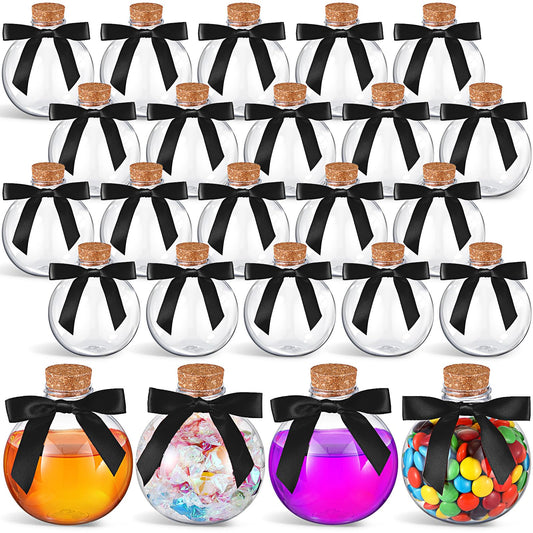 Baderke 24 Pcs Spherical Plastic Potion Bottles with Bows 8.5 oz Halloween Candy Jars Round Bottles with Cork Decorative Bottle for Halloween Christmas Party Favor Gifts(Black,Solid)