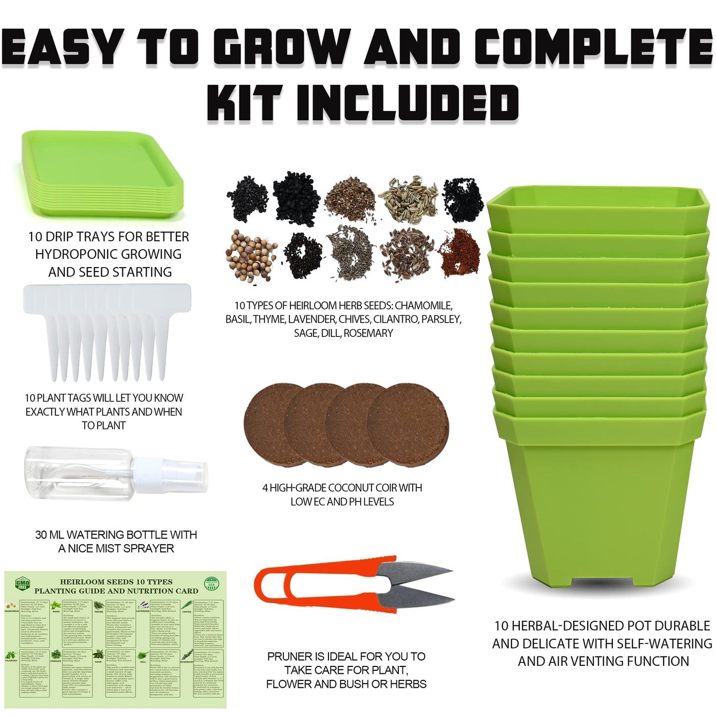 10 Herb Seeds Garden Starter Grow Kit with Green Pots, Markers, Nutritional Soil, Watering, Herb Clipper, Complete Indoor Potted Plant Growing Set for Kitchen DIY