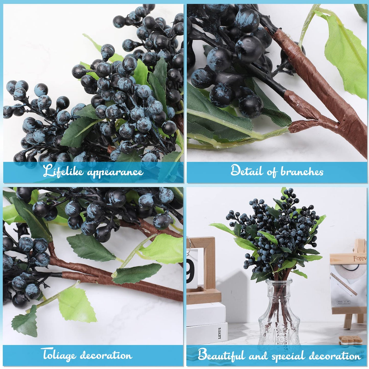 Yunsailing 30 Pcs Artificial Flowers Bulk, Faux Berry Stems Picks with Green Leaves,9.8 Inch Short Branch Artificial Flowers for Home Kitchen Wedding DIY Bridal Bouquet Party Decoration(Blue)