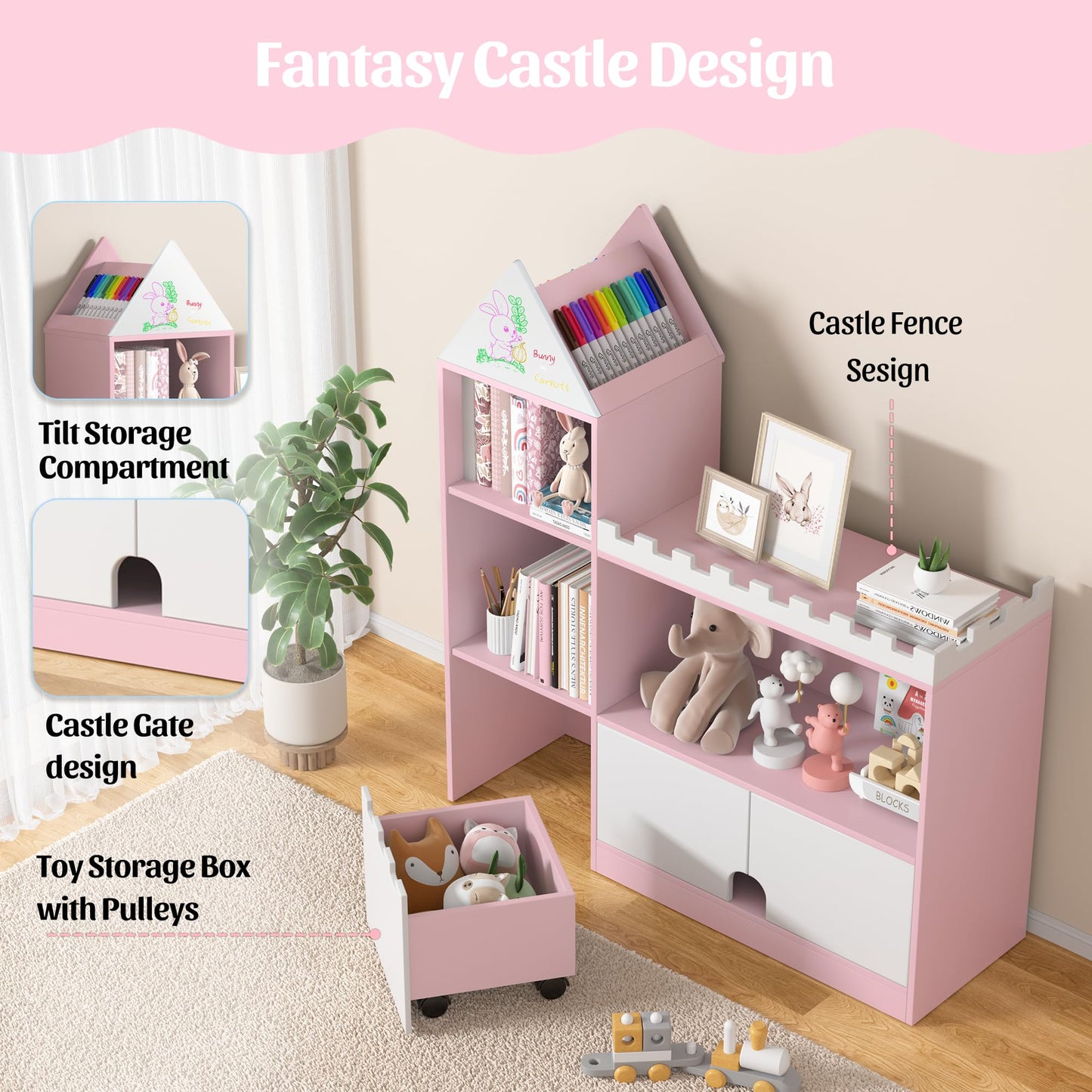 Decofy Toy Storage Organizer, Wood Kids Castle Bookshelf, 6 Cubby Children Bookcase, Montessori Book Shelf for Nursery, Playroom, Living Room [Size: 39.4" L* 11.8" W * 39.4" H] Pink