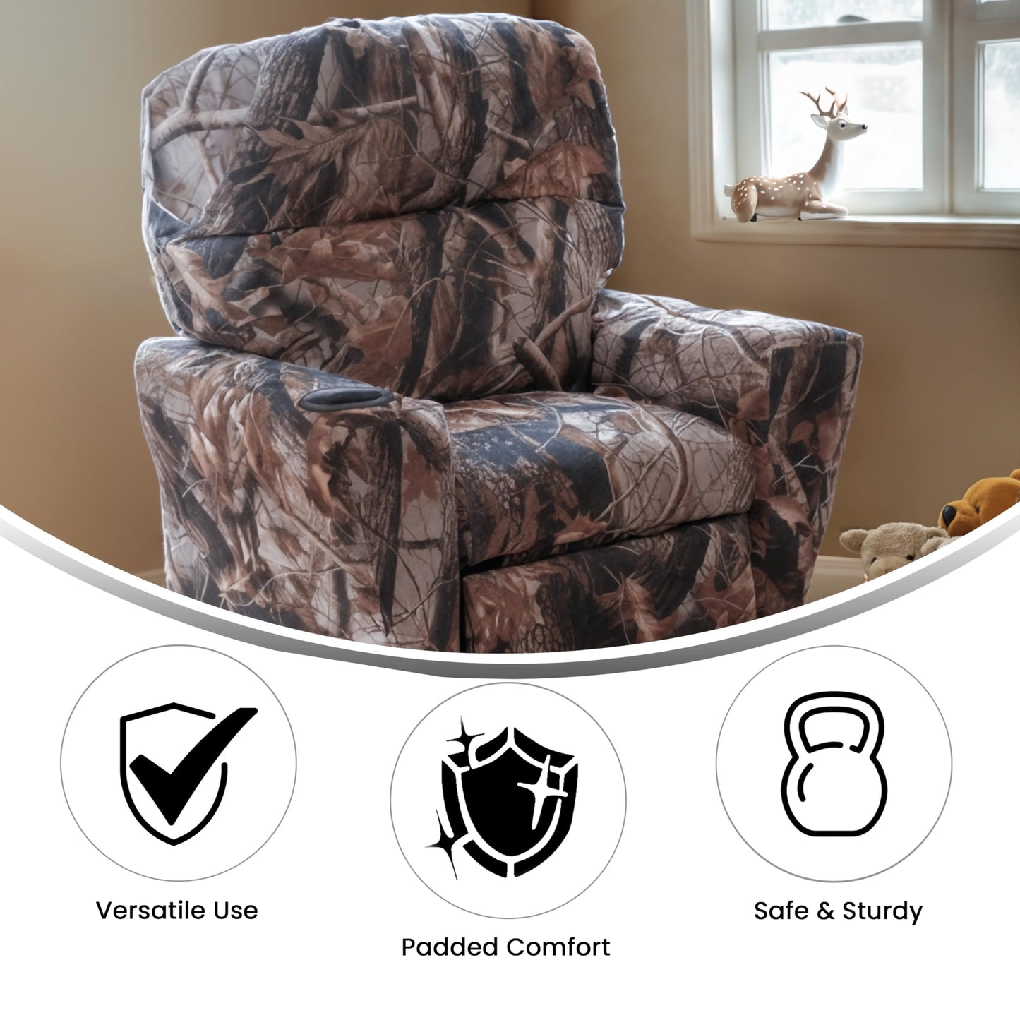 Flash Furniture Chandler Vinyl Kids Recliner with Cup Holder and Safety Recline, Contemporary Reclining Chair for Kids, Supports up to 90 lbs., Camouflage