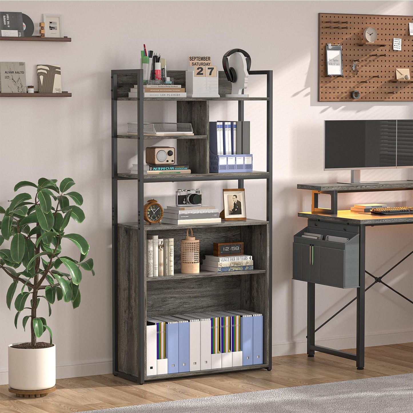 armocity Industrial Bookshelf, 6 Tier Tall Bookshelves Wood Metal Frame Standing Bookcase, Display Book Shelf with Adjustable Storage Shelves for Home Office, Living Room, Bed Room, Grey Oak
