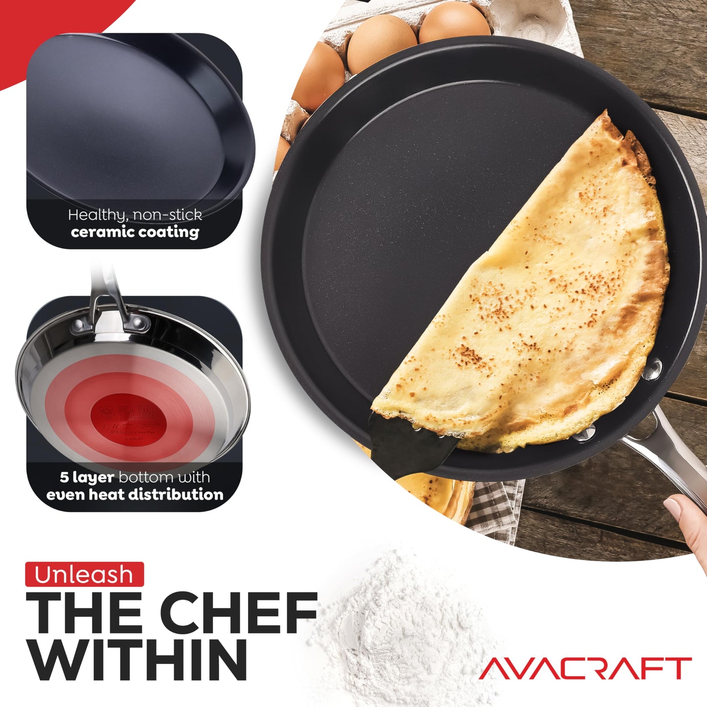 AVACRAFT 11 inch Nonstick Ceramic Coating Stainless Steel Crepe Pan, Tawa, Dosa Tortilla Pan, Compatible with All Stovetops, PFOA, PTFE Toxinx Free