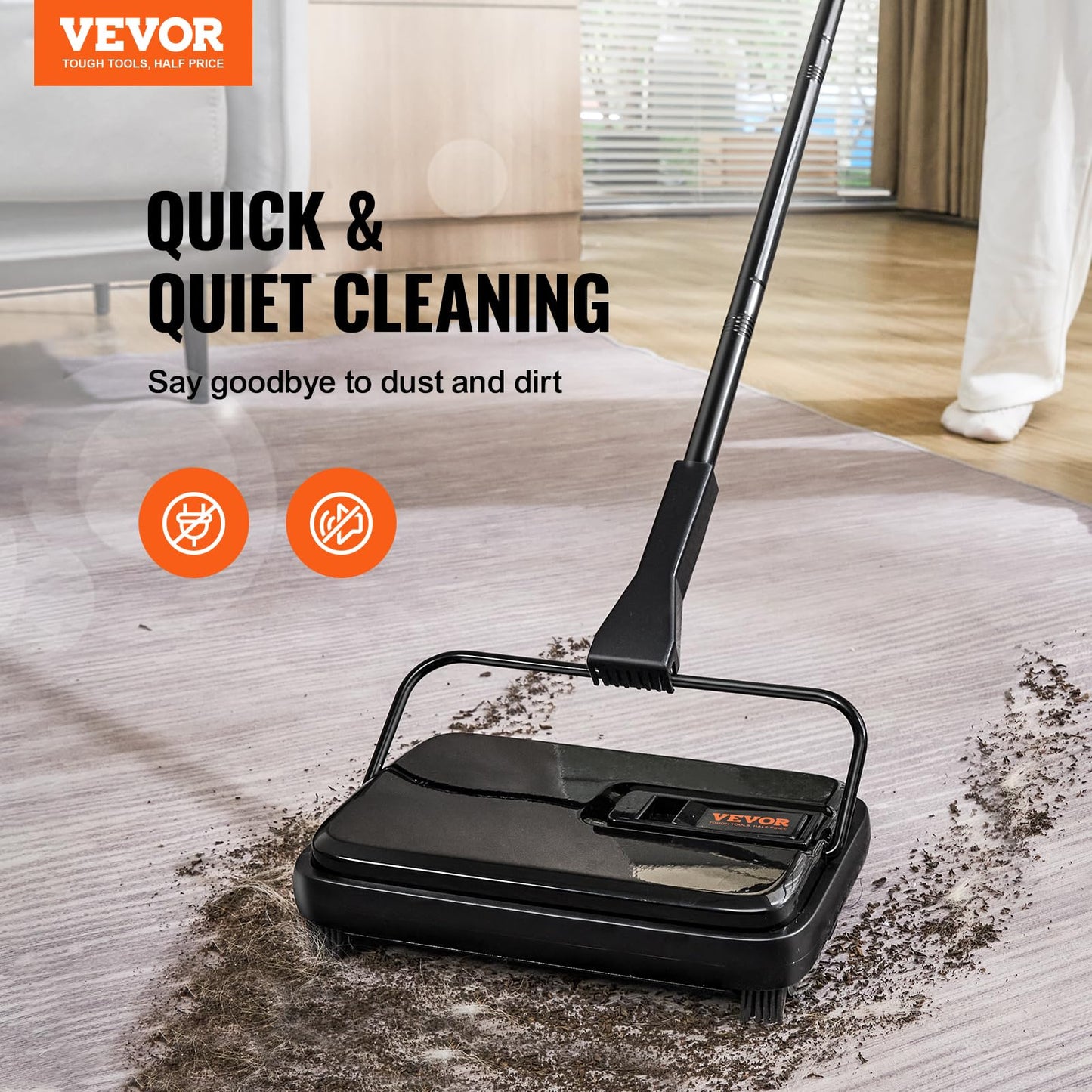 VEVOR Carpet Sweeper Manual, Floor Sweeper with 300 ml Dustbin Capacity Easy to Empty, for Home Office Carpets Pet Hair Dust, Black