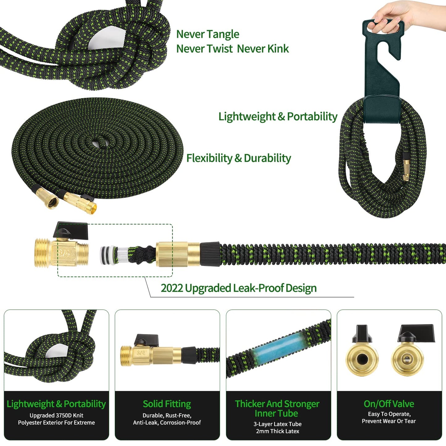 100 ft Expandable Garden Hose - All New 2024 Retractable Water Hoses with 3/4" Solid Brass Fitting, Extra Strength Fabric - Flexible Expanding Hose with 10 Pattern Spray Nozzle