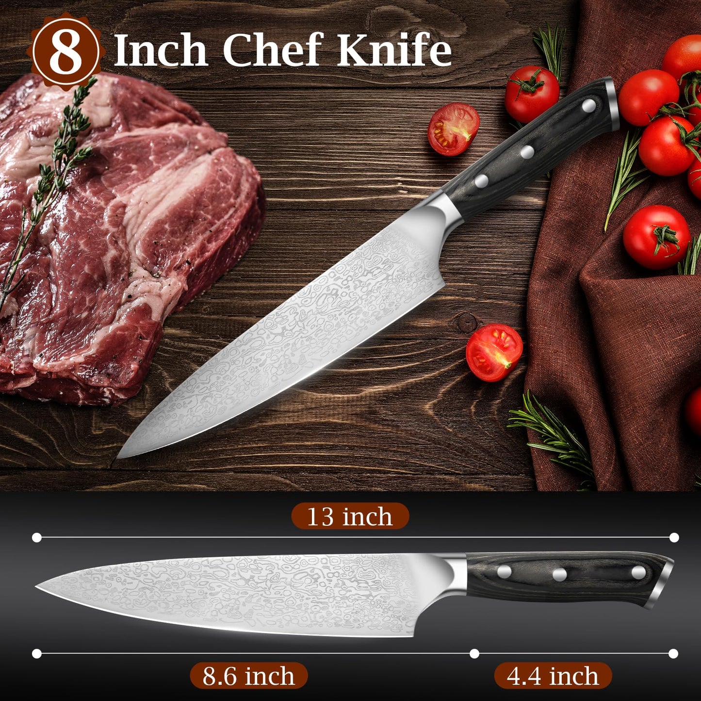 BULOFE 8" Professional Chef Knife, Super Sharp Chef's Knife with Finger Guard and Knife Sharpener, High Stainless Steel with Ergonomic Handle