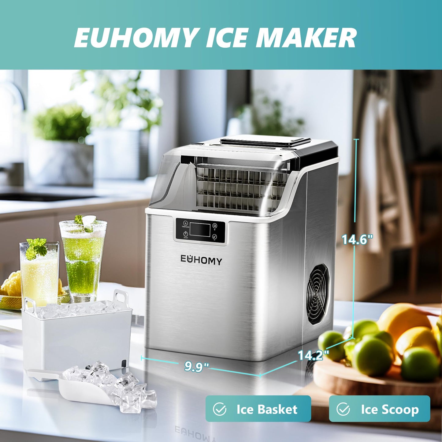 EUHOMY Ice Cube Maker Machine Countertop, 2 Ways to Add Water, 45Lbs/Day 24 Pcs Ready in 13 Mins, Self-Cleaning Portable Compact, with Ice Scoop & Basket, Perfect for Home/Kitchen/Office/Bar