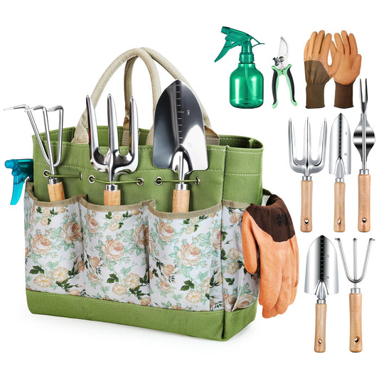 Grenebo Gardening Tools 9-Piece Heavy Duty Gardening Hand Tools with Fashion and Durable Garden Tools Organizer Handbag,Rust-Proof Garden Tool Set, Ideal Gardening Gifts for Women