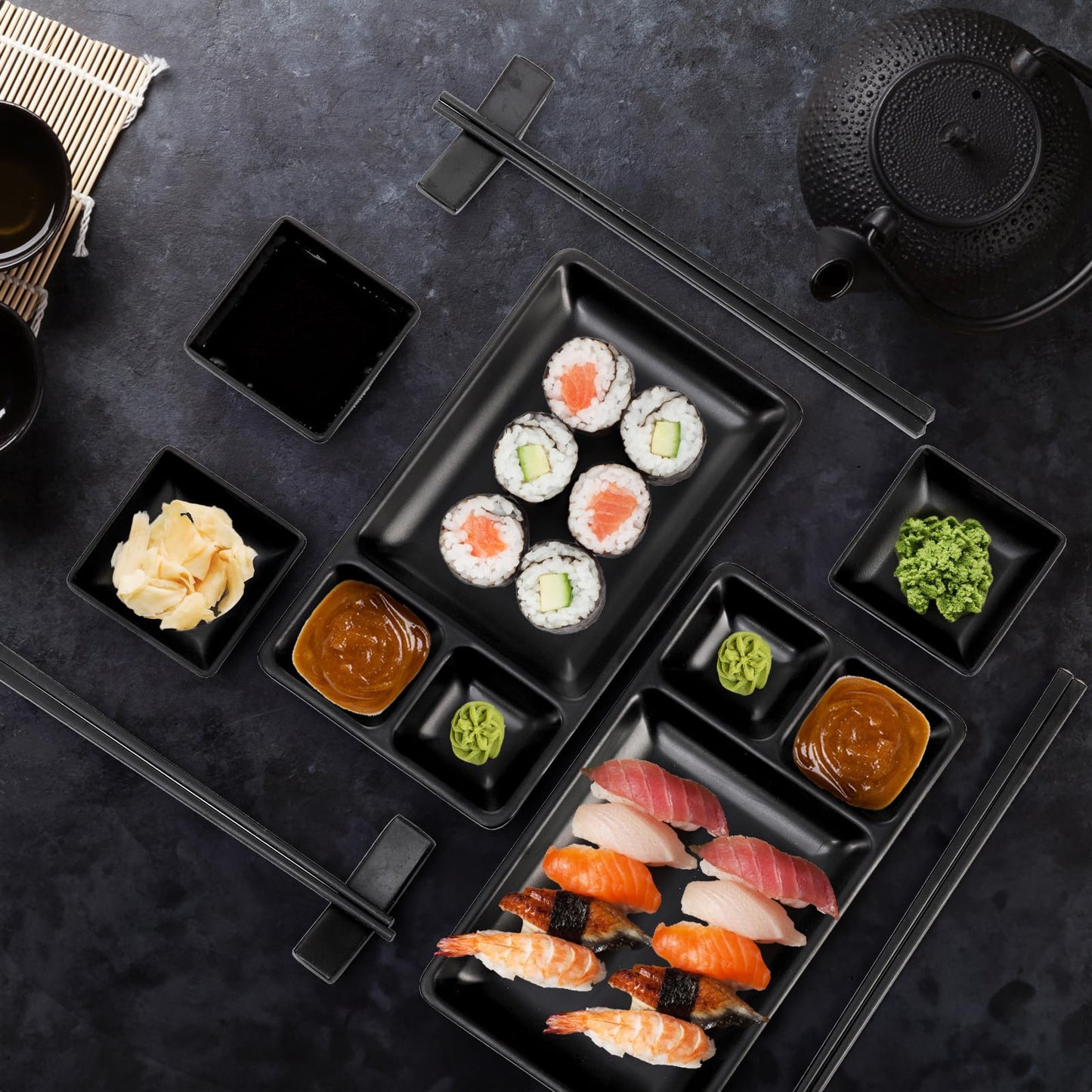 Pumtus 16 Piece Japanese Sushi Plate Set, Melamine Sushi Serving Set, Sushi Dinnerware Set - Includes 4 Sushi Serving Plates, 4 Sauce Dishes, 4 Pairs of Chopsticks, 4 Chopstick Holders (Black)