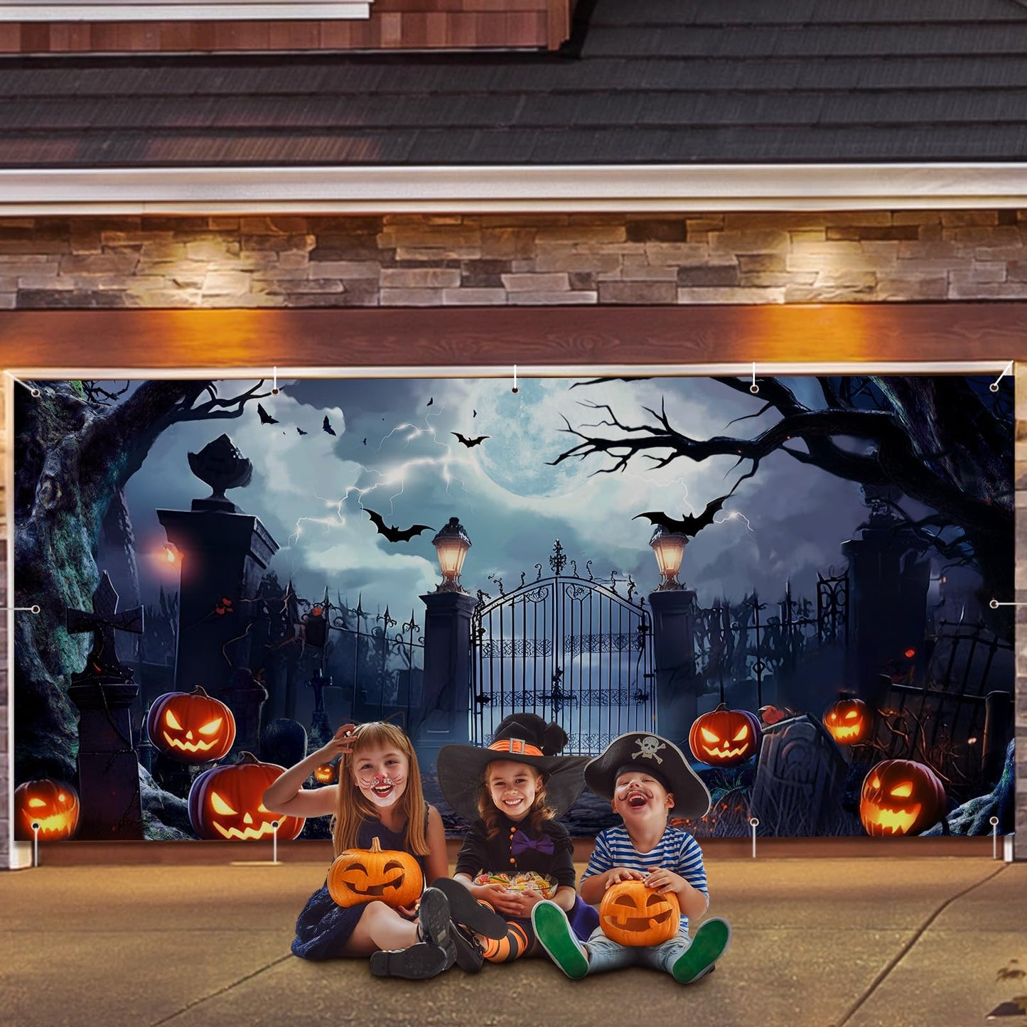 Preboun Halloween Garage Door Banner Large Hanging Backdrop Door Cover Halloween Garage Wall Decorations for Outdoor Holiday(6 x 13 ft)