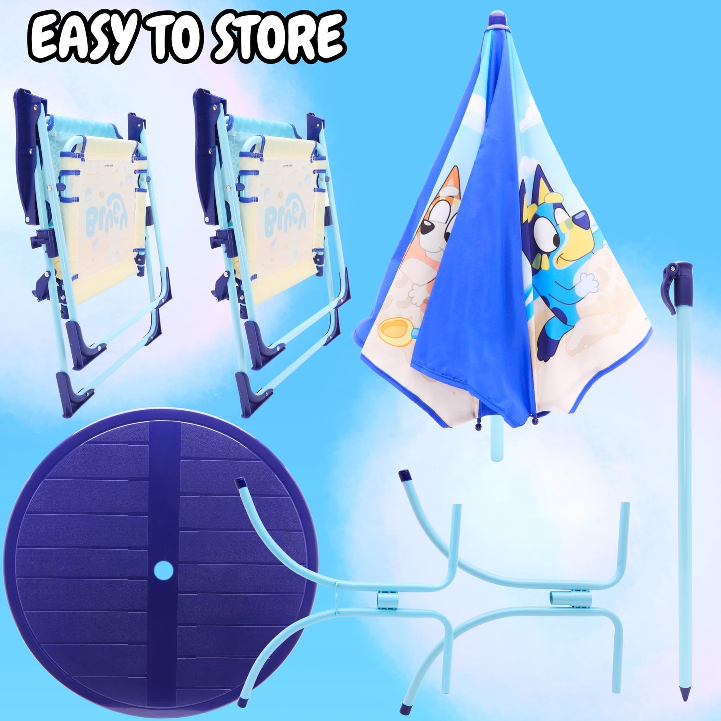 Toyland® Bluey & Bingo Table & Chairs Patio Set - 1 Table, 2 Chairs & 1 Parasol - Children's Indoor & Outdoor Furniture - Perfect for Beach & Garden