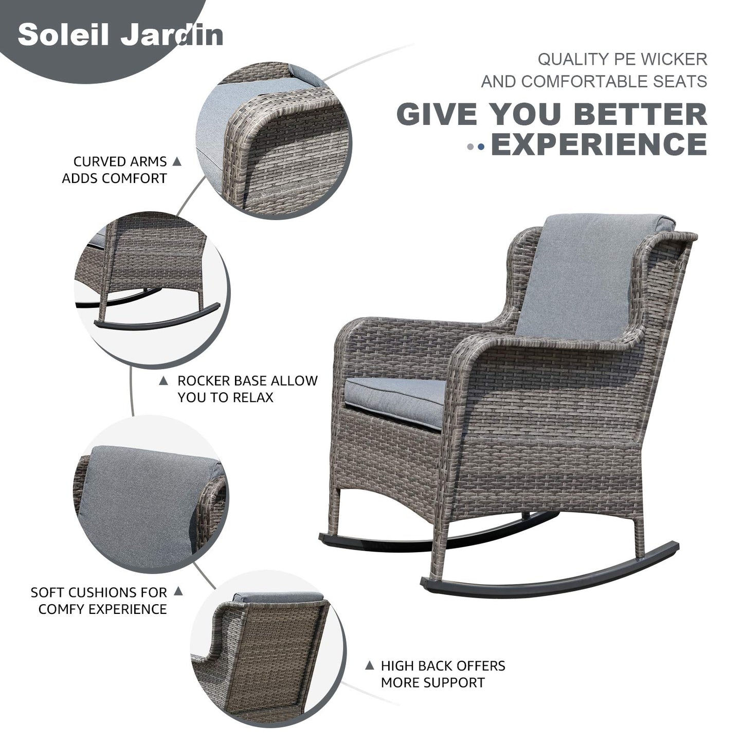 Soleil Jardin Outdoor Resin Wicker Rocking Chair with Cushions, Patio Yard Furniture Club Rocker Chair, Gray Wicker & Gray Cushions