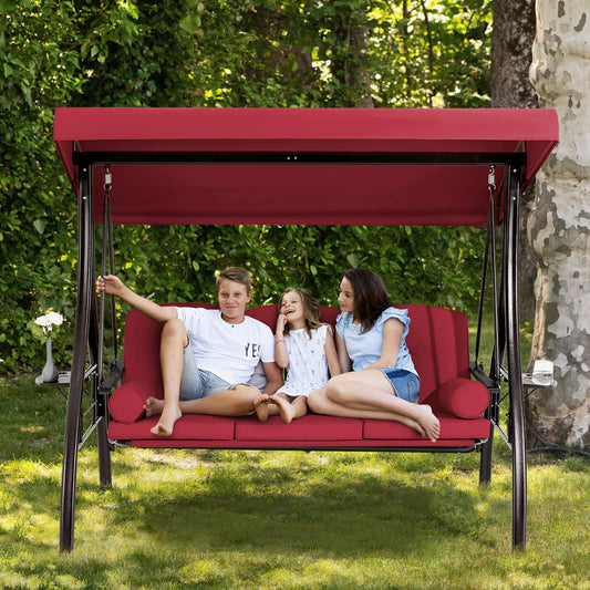 HOMREST 3-Seat Outdoor Porch Swing with Adjustable Canopy and Backrest, Patio Swing Chair with Weather Resistant Steel Frame,Comfortable Cushions for Balcony,Garden,Deck and Poolside(Wine Red)