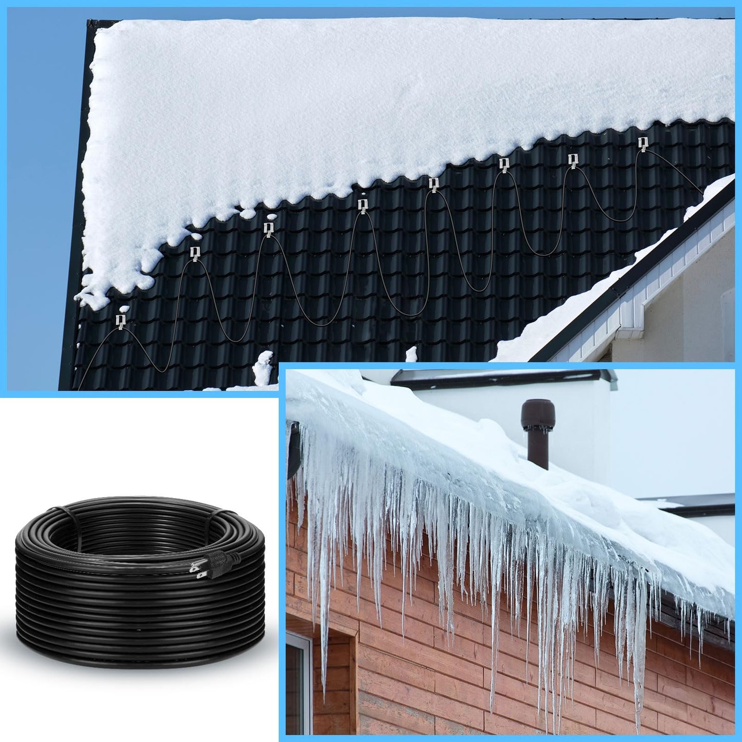 Retisee 3 Rolls 20 Feet Snow Melting Cable Gutter Heater Cable Roof Snow Deicing Cable Kit Roof Plug in Heat Tape Heat Snow Melting Deicing Roof Cable with Roof Clips and Spacers 110V, 5W Per Feet