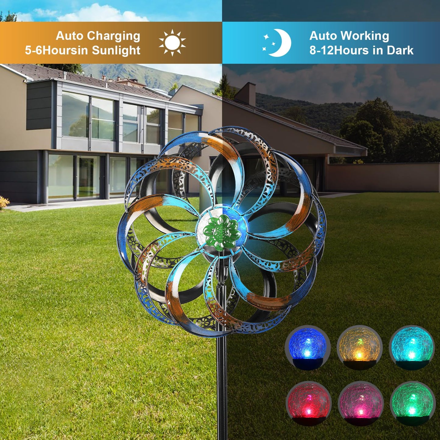 Wind Spinners for Yard and Garden Large-Wind Sculptures & Spinners-Metal Yard Kinetic Wind Spinner Art 75 in Multi-Color Led Glass Ball for Patios Parks Sidewalks Backyard Lawn Decorations