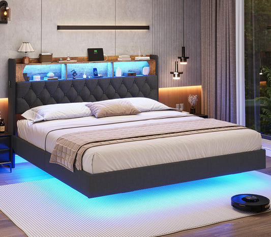ADORNEVE King Size Floating Bed Frame with RGB LED Lights Headboard, Outlets and USB Ports, Linen Upholstered Platform Bed with Storage Headboard,Solid Wood Slats Support, Dark Gray