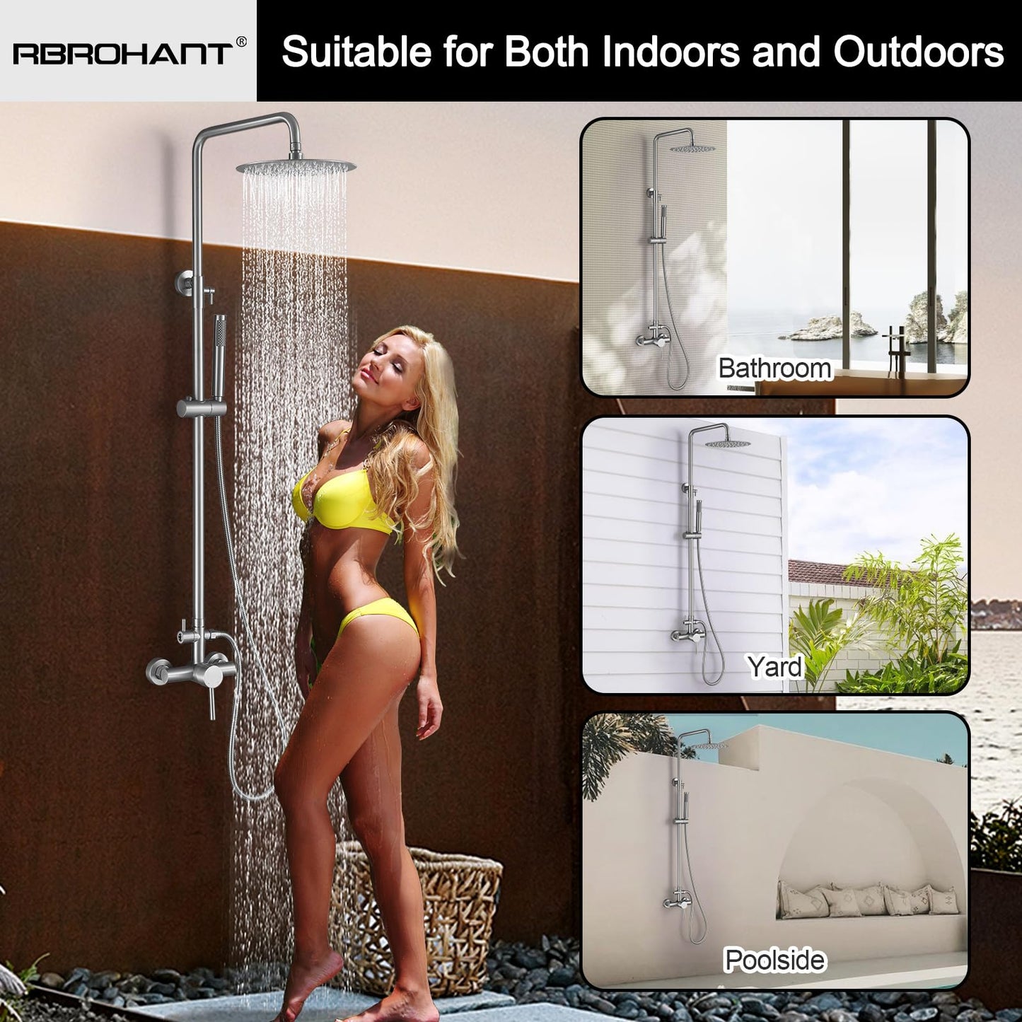 RBROHANT Outdoor Shower, Wall Mount Outdoor Shower Kit, Outside Shower Faucet with Height Adjustable Rain Shower Head and Handheld, Exposed Shower System for Pool, Wall Mounted, Brushed Nickel, JK0290