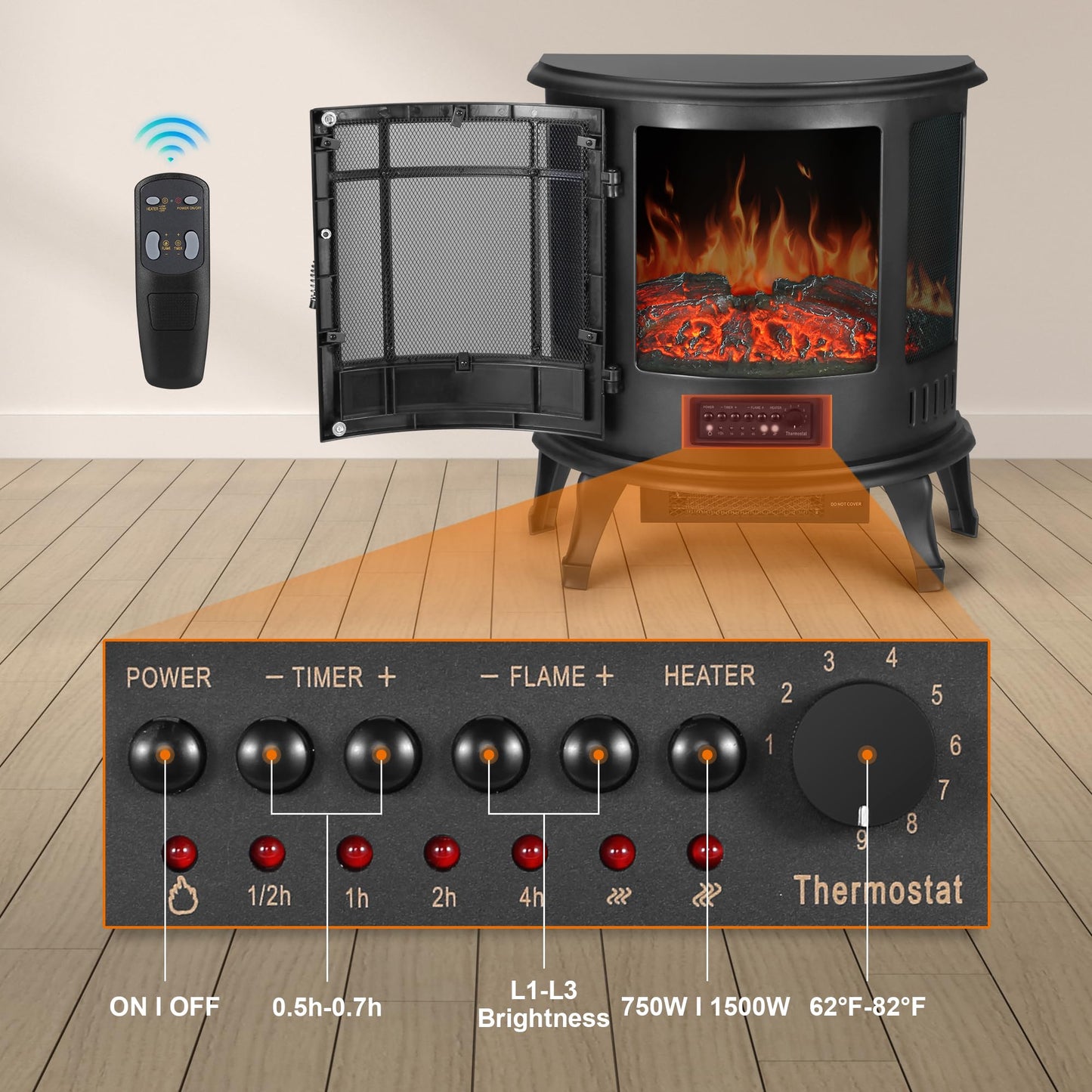 25" Freestanding Electric Fireplace Heater - Indoor Fireplace Stove with Realistic LED 3D Flames and Logs, Fire Places Electric, Infrared Heater with Remote Contro, Timer, 750 | 1500W