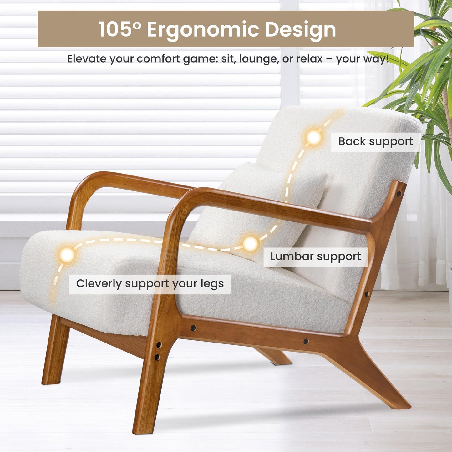 Brick Attic Mid Century Accent Chair Living Room Chair Modern Sherpa Reading Armchair with Waist Cushion and Solid Wood Frame for Bedroom Balcony, Ivory