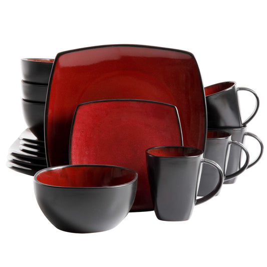 Gibson Soho Lounge Square Reactive Glaze Dinnerware Set, Red, Service for 4 (16pcs)