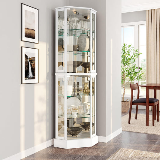 BELLEZE Lighted 3-Side Glass Display Curio Cabinet with Tempered Glass Doors and Shelves, Curved Wood Corner Cabinet with Bulb, Corner Curio Storage Rack for Bar and Liquor Storage - Ashfield (White)