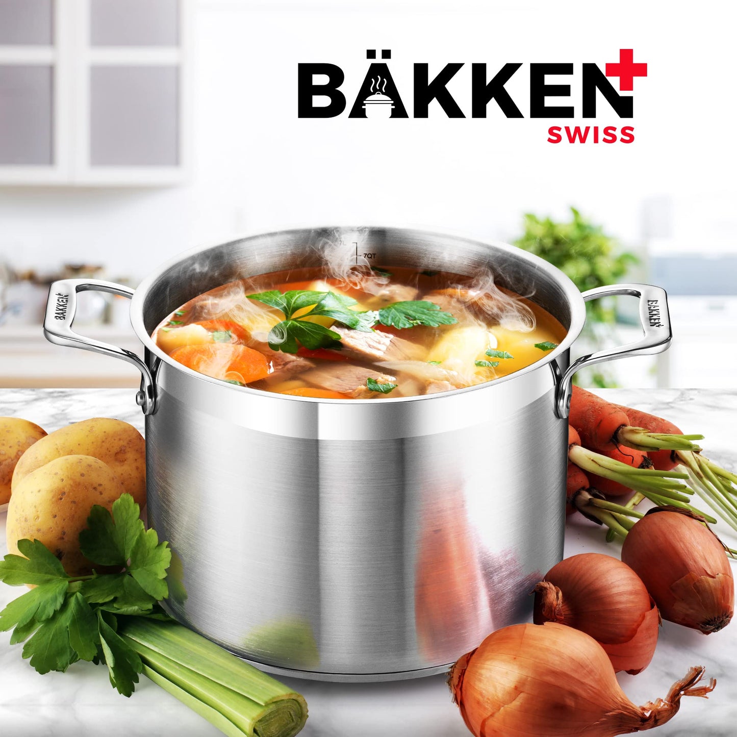 Stockpot – 16 Quart – Brushed Stainless Steel – Heavy Duty Induction Pot with Lid and Riveted Handles – For Soup, Seafood, Stock, Canning and for Catering for Large Groups and Events by BAKKEN