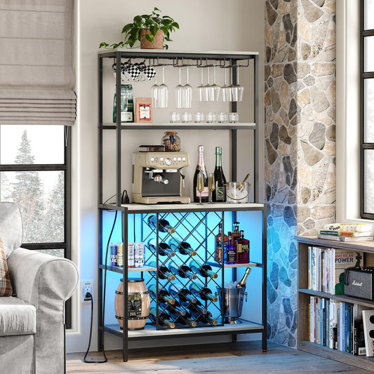 furomate Wine Cabinet with Power Outlets & LED Lights, 5-Tier Industrial Wine Bar Cabinet with Glass Holder, Home Bar Furniture, Wine Ranks for Liquor and Wine Storage, Grey