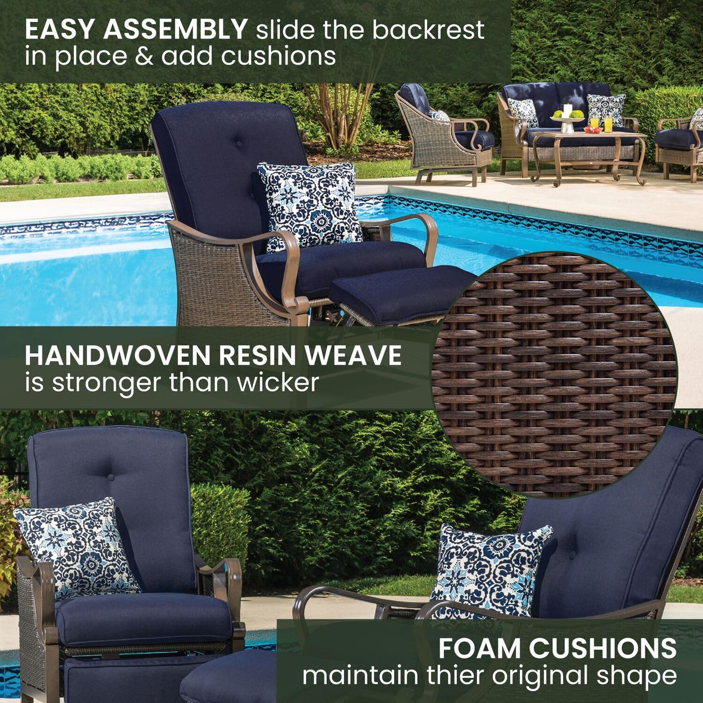 Hanover Ventura Brown Wicker Outdoor Recliner Chair with Cushions and Accent Pillow, Luxury All-Weather Outdoor Patio Recliner Chair with Rust Resistant Steel Frames for Deck, Backyard, Pool Side