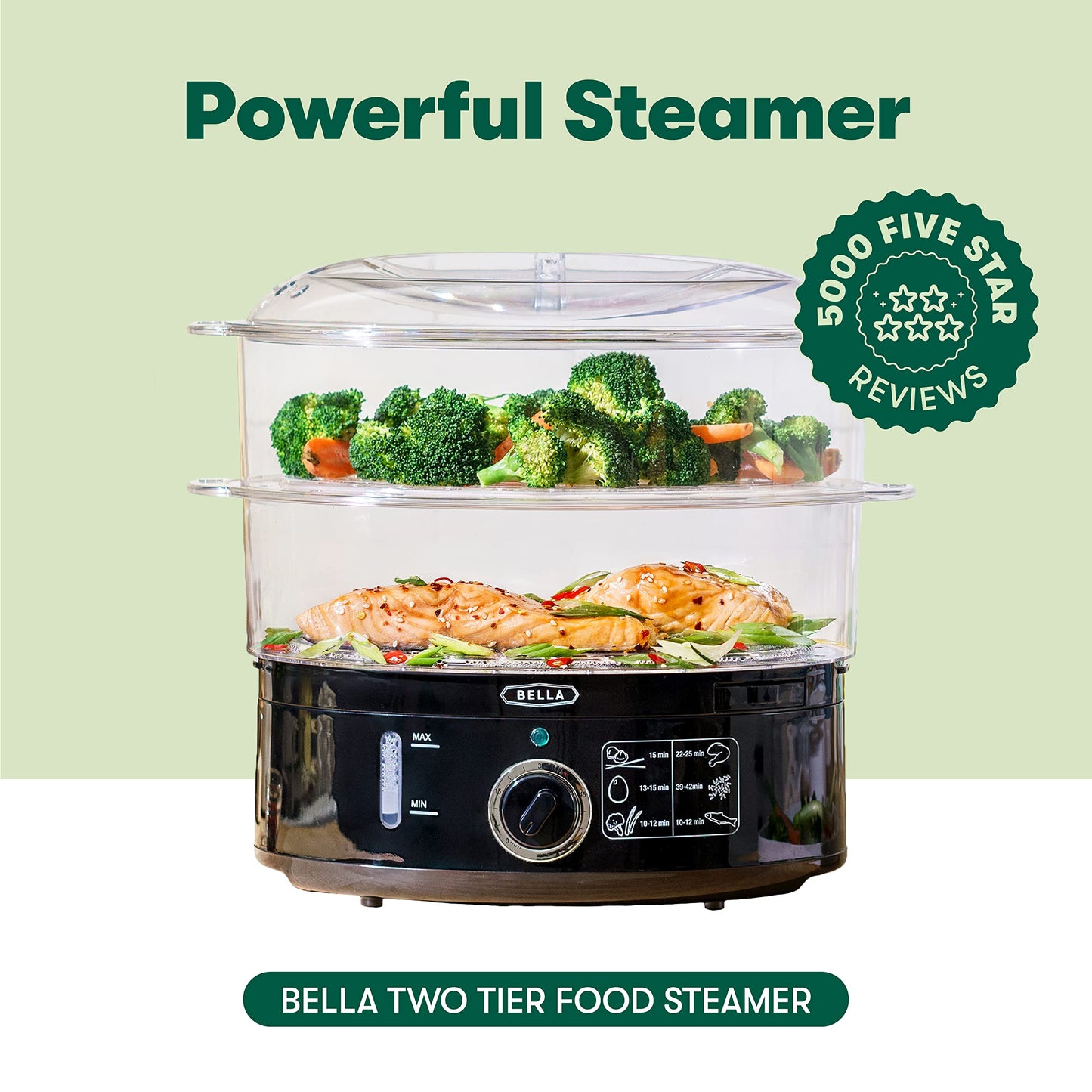 BELLA Two Tier Food Steamer with Dishwasher Safe Lids and Stackable Baskets & Removable Base for Fast Simultaneous Cooking - Auto Shutoff & Boil Dry Protection, Stainless Steel, 7.4 QT, Black