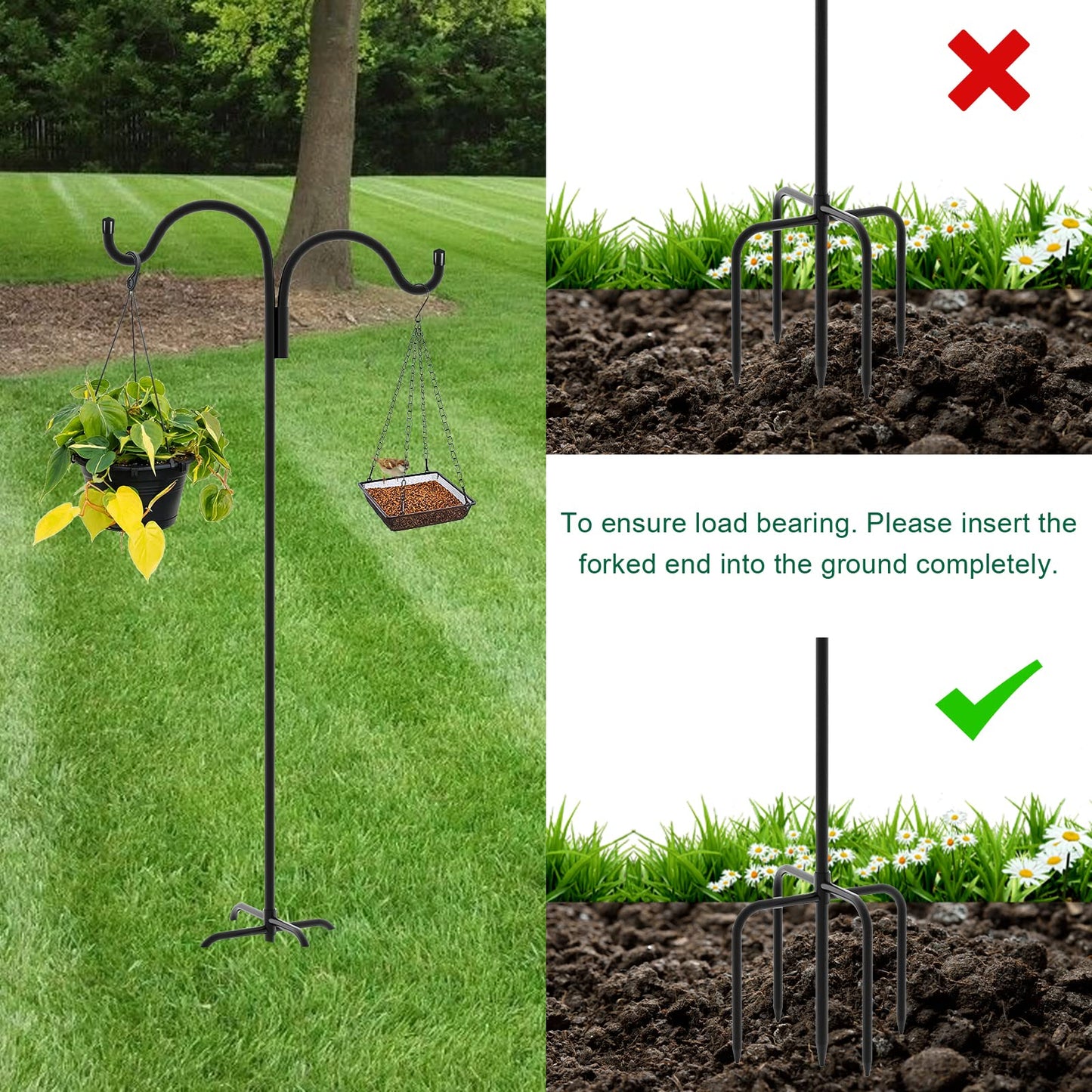 Gtongoko Double Shepherds Hook for Outdoor, 92 Inch Bird Feeder Pole with 5 Prongs Base, 5/8 Inch Thick Heavy Duty Adjustable Garden Hook for Hanging Plant, Lantern, Hummingbird Feeder, 1 Pack