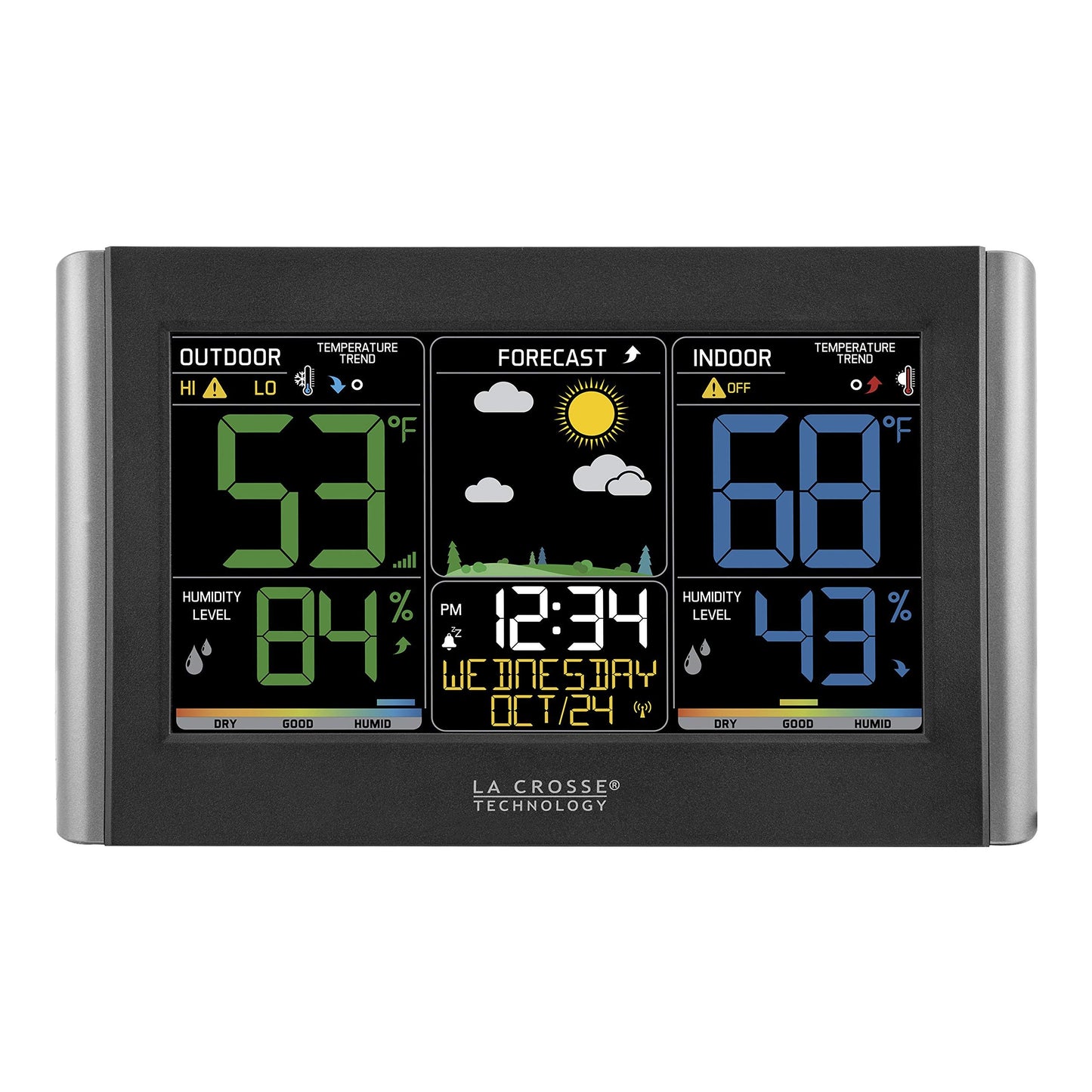 La Crosse Technology Weather Station with Customizable Alerts, Weather Forecast, Temperature, Dew Point, Humidity, Time, Heat Index, Large Display, Adjustable Brightness, Wireless, Black, C85845-INT