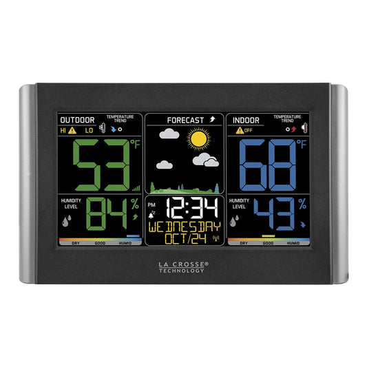 La Crosse Technology Weather Station with Customizable Alerts, Weather Forecast, Temperature, Dew Point, Humidity, Time, Heat Index, Large Display, Adjustable Brightness, Wireless, Black, C85845-INT