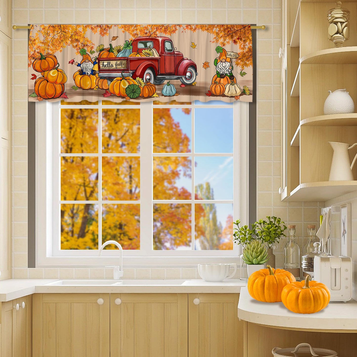 Fall Valance Curtain for Kitchen-Fall Decorations Orange Window Valance for Living Room Bedroom Scroll -Fall Gnomes Decor Rod Pocket Valances Pumpkin Truck-Autumn Window Treatment Valance 18" X 54"