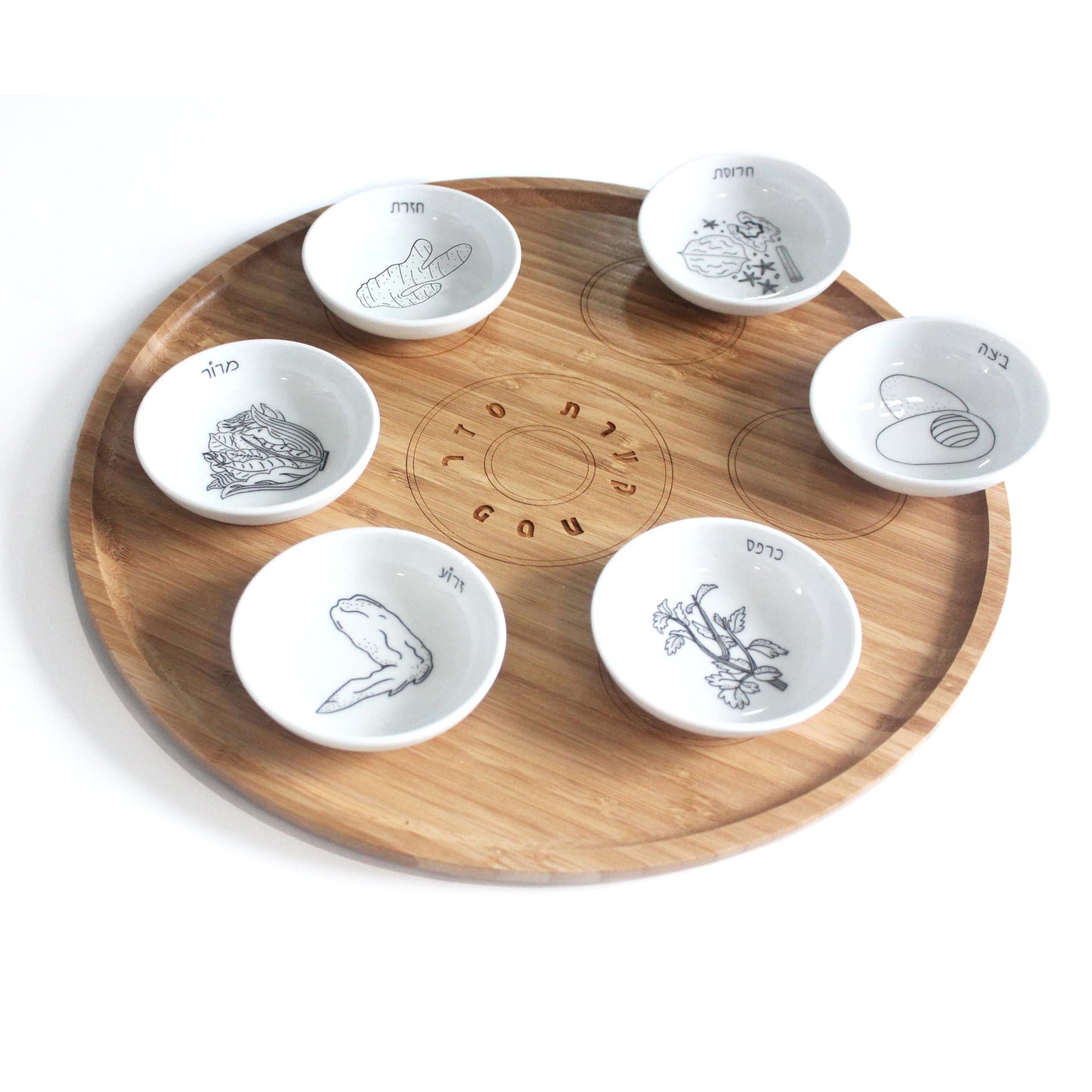 Mickala 13” Passover Seder Plate with 6 Black and White Ceramic Bowls, Hand Made Bamboo Passover Sedar Plate Set, Giftable Packaging, Jewish Holiday and Traditional Table Decorations Gift