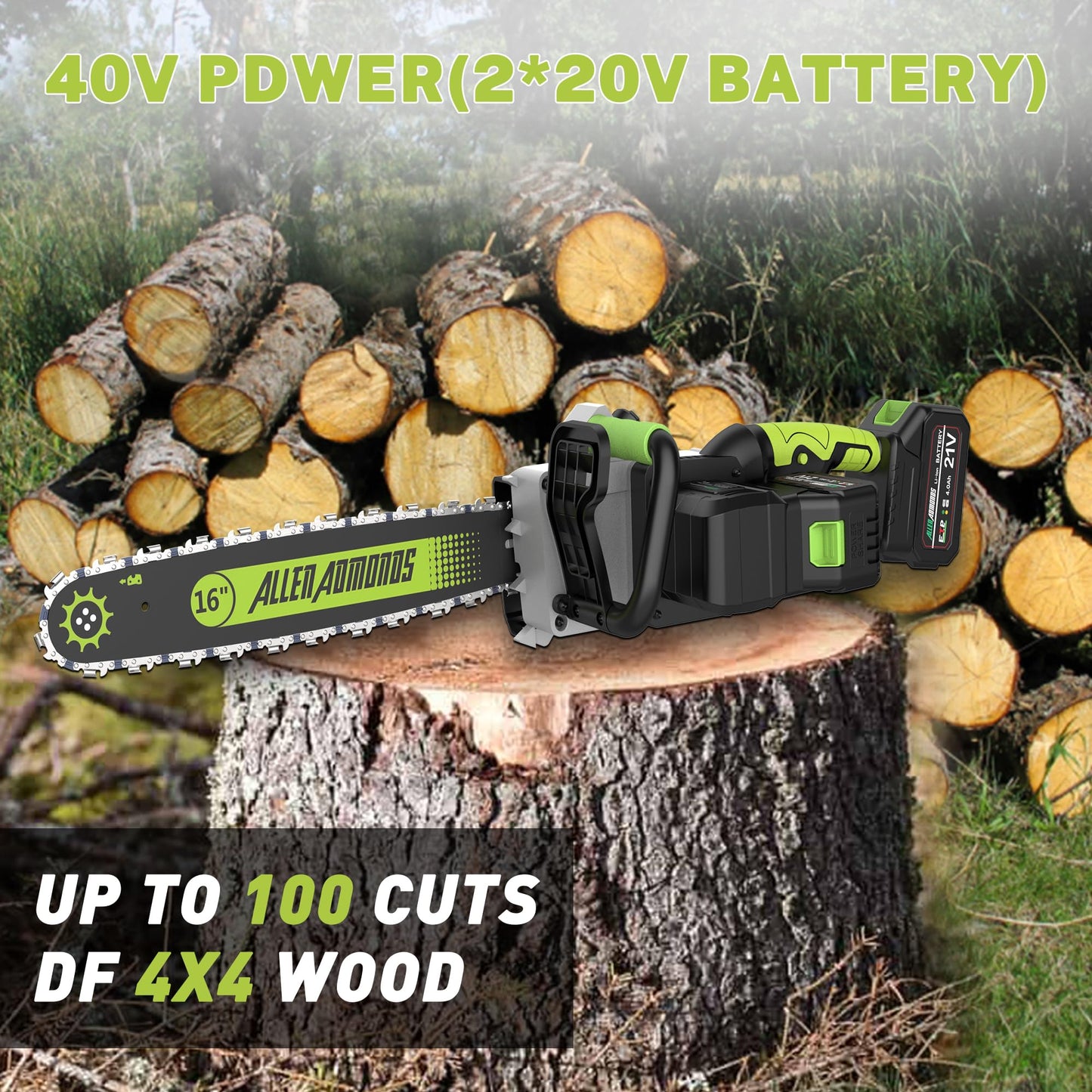 Cordless Chainsaw 16 Inch, 40V (2 x 20V MAX) Battery Powered Chain Saw, Brushless Chainsaw with Tool-free Chain Tension, Auto Oiler, 2 * 4.0Ah Battery & Fast Charger Included