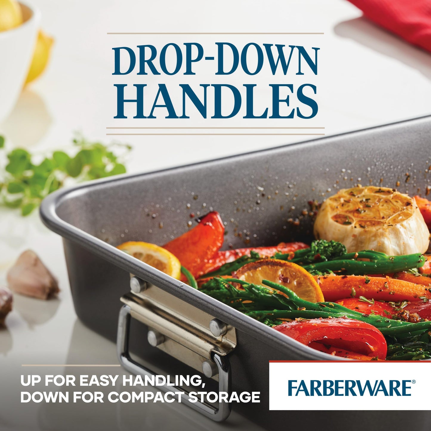 Farberware Bakeware Nonstick Steel Roaster with Flat Rack, 11-Inch x 15-Inch, Gray