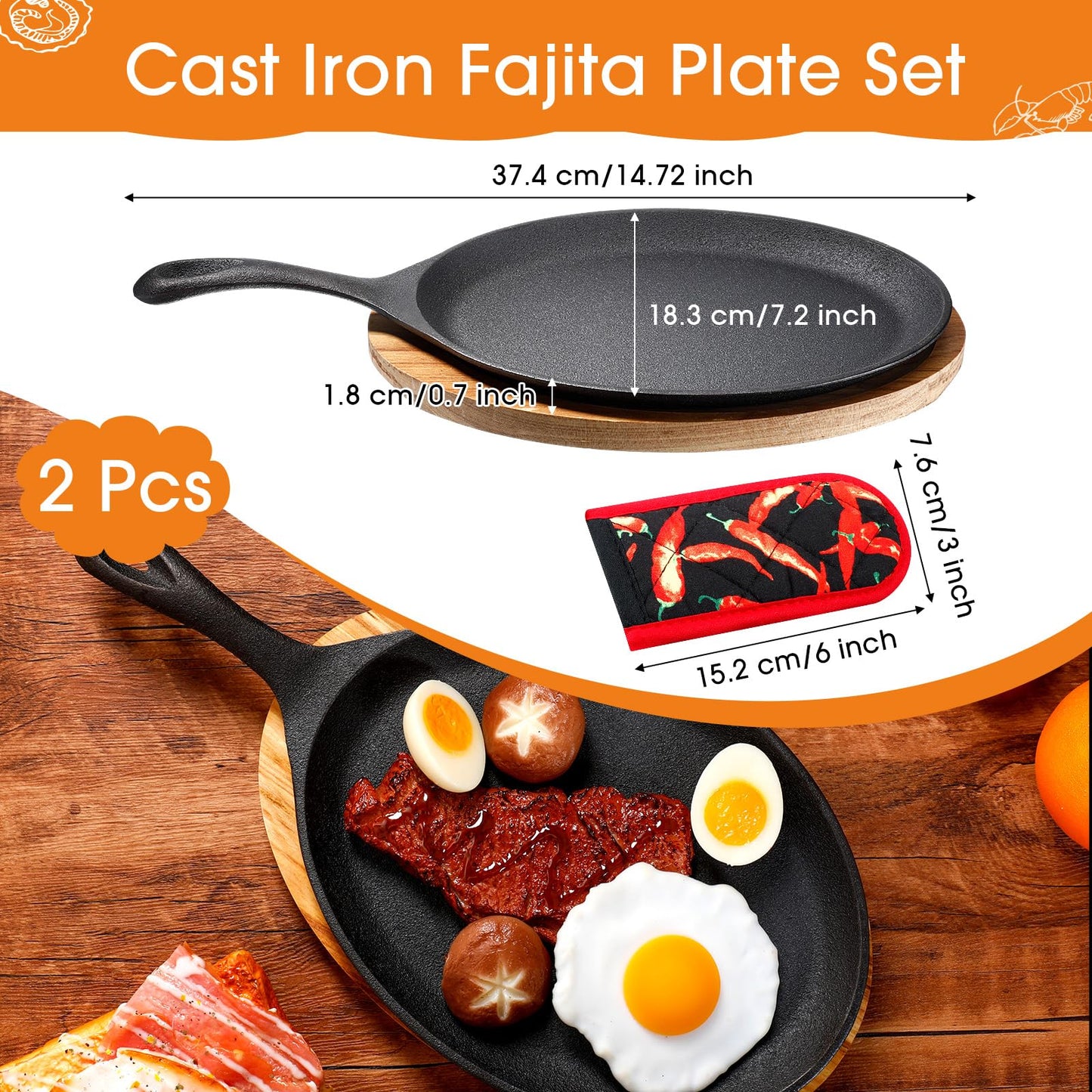 Lallisa 2 Sets Cast Iron Fajita Plate Set Fajita Plate Sizzler Pan with Wooden Tray Anti Scald Protection Hot Mitt Cast Iron Skillet Set for Home Barbeque Kitchen Party Restaurant Catering Service