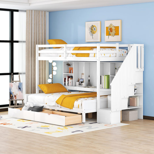 Twin XL Loft Bed with Desk and Stairs Wood Twin XL Over Full Bunk Bed with Storage Shelves and Drawers Modern Bunkbed Frame with Staircase and Bookcase for Kids Boys Girls Teens, White