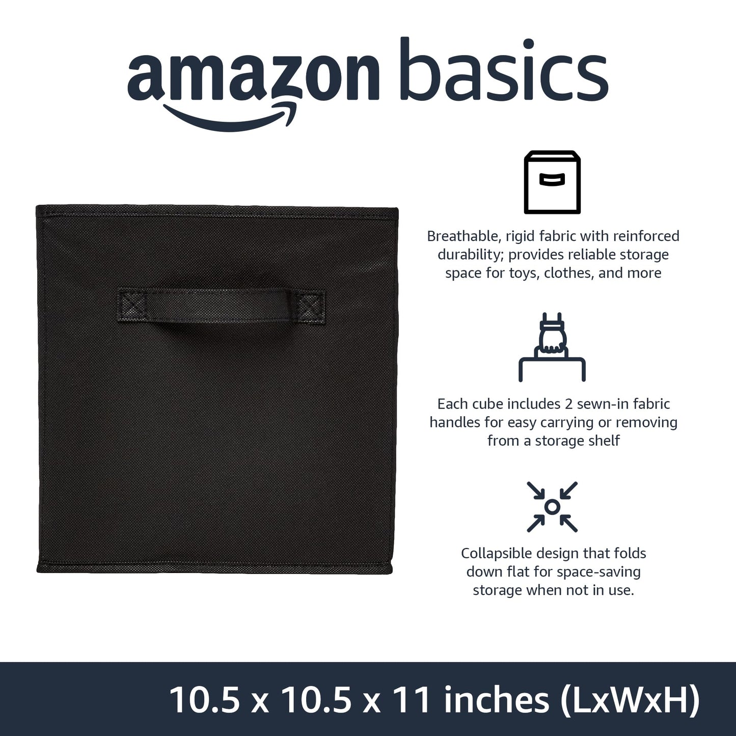 Amazon Basics Collapsible Fabric Storage Cubes Organizer with Handles, 10.5"x10.5"x11", Black - Pack of 6