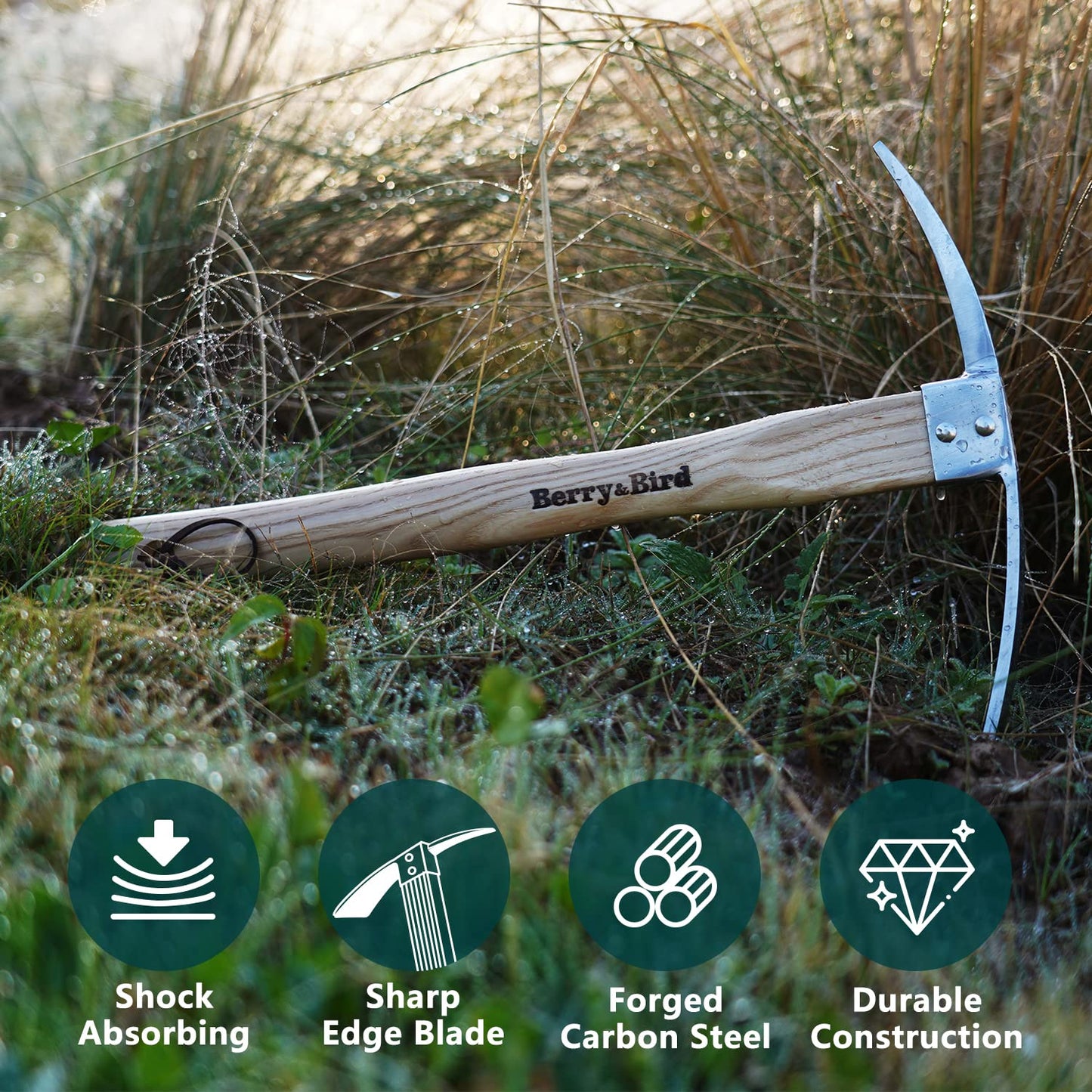 Berry&Bird Gardening Pick Axes, Stainless Steel Pickaxe Mattock Hoe with Wooden Handle, Heavy Duty Pick Axe Hand Tool for Transplanting Digging Planting Loosening Soil Camping or Prospecting