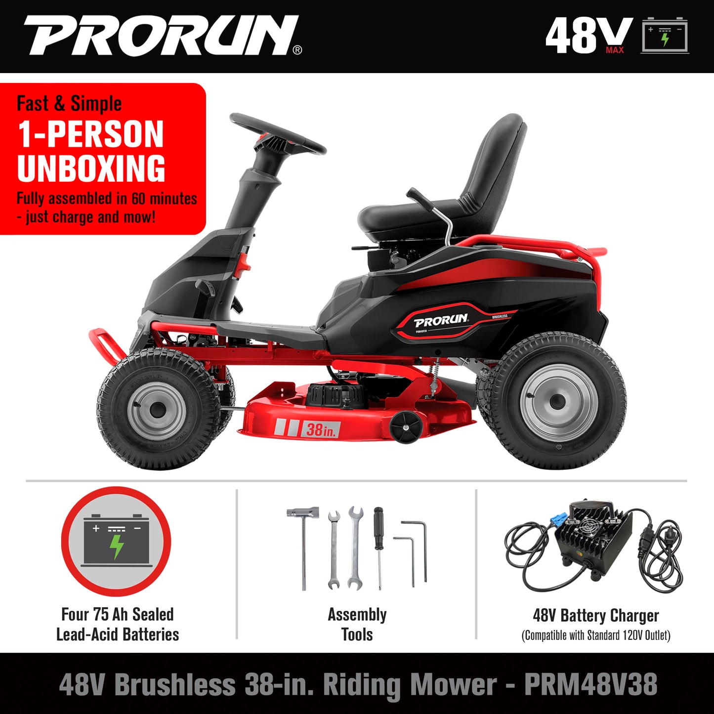 PRORUN 48V 38-in. Steel Deck Brushless Riding Lawn Mower with 75 Ah Battery and Charger