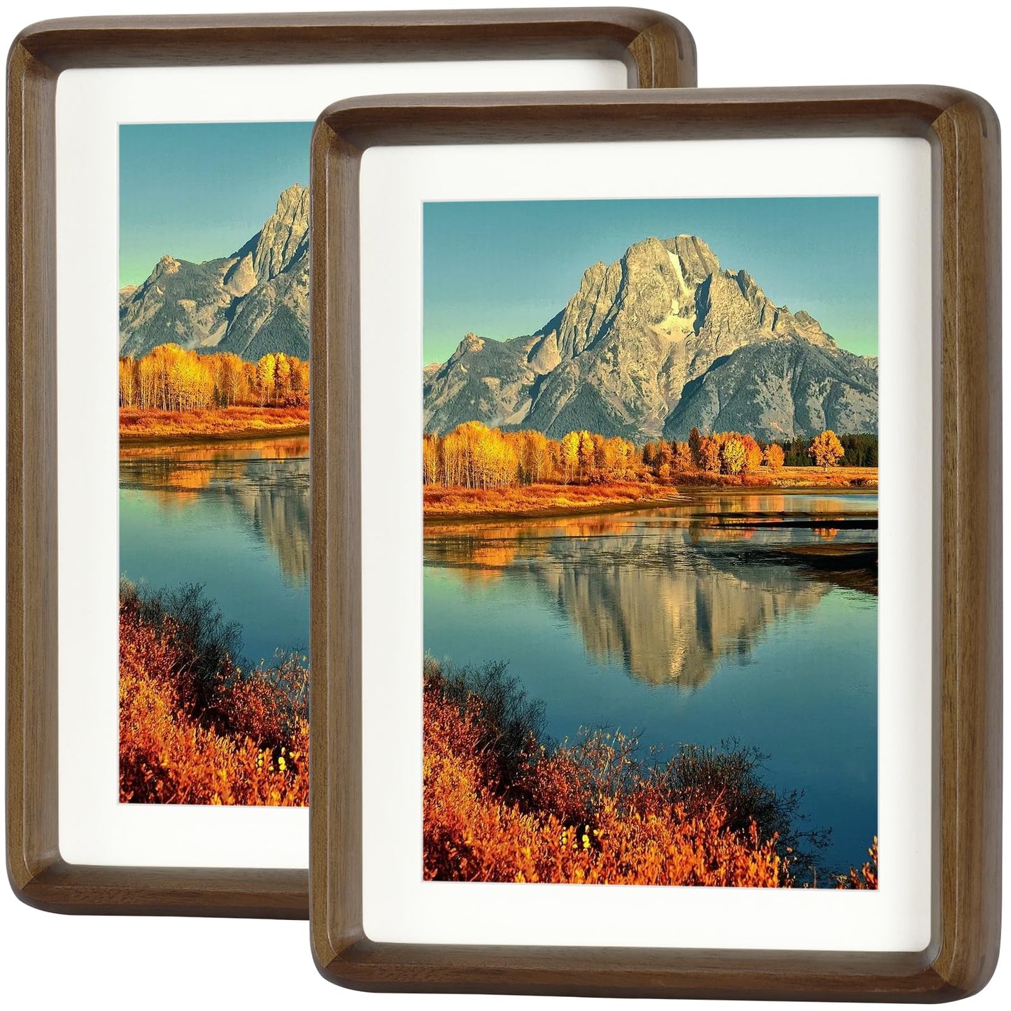 HELPLEX 5x7 Picture Frame Set of 2, Display Picture 4x6 with Mat or 5x7 Without Mat, Made of Natural Walnut Wood, HD Tempered Glass, Vertical or Horizontal Display for Tabletop and Wall