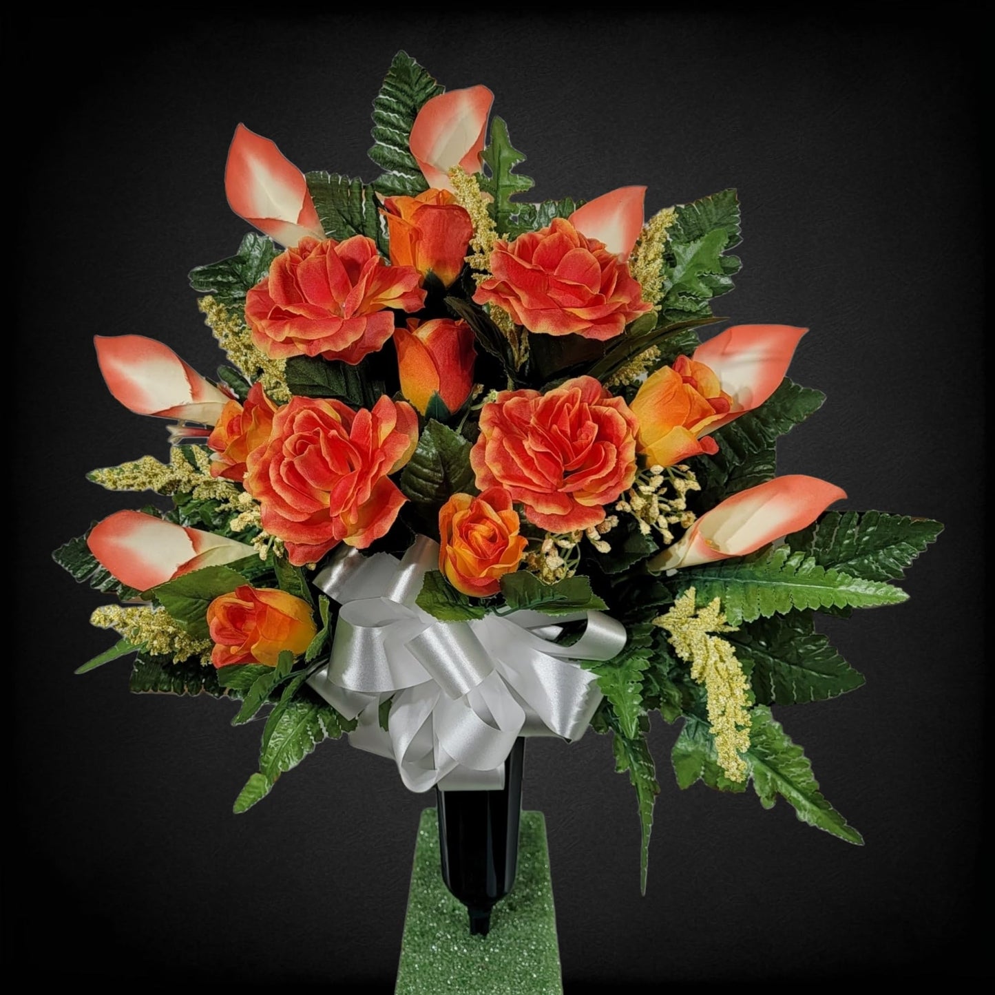 Realistic Artificial Cemetery Flowers - Silk Faux Floral Orange Rose and Calla Lily - Bouquet Pair for Grave - Headstone Saddle - 3 Memorial Decorations