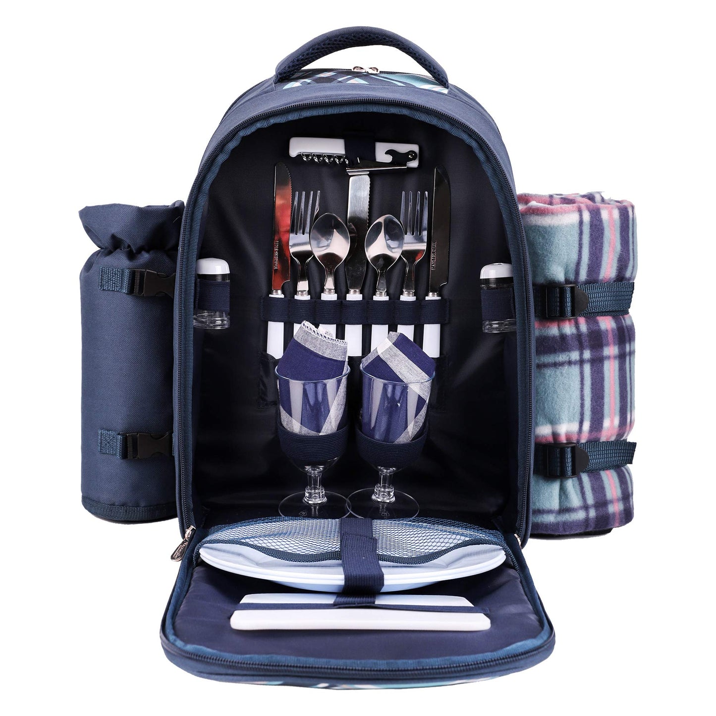 Apollo Walker Picnic Backpack Bag for 2 Person with Cooler Compartment, Detachable Bottle/Wine Holder, Fleece Blanket, Plates and Cutlery (Blue)