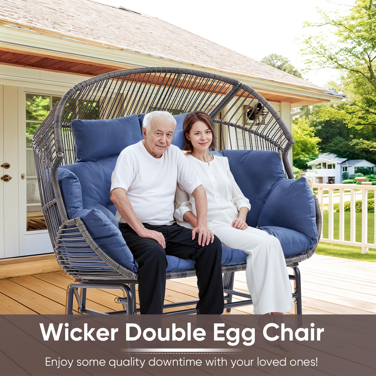 Belord Double Egg Chair Outdoor Glider Loveseat, 550LBS Weight Capacity Wicker Patio Rocking Egg Chairs, Handwoven Rattan Porch Furniture Glider Loveseat for Patio Deck Balcony Sunroom