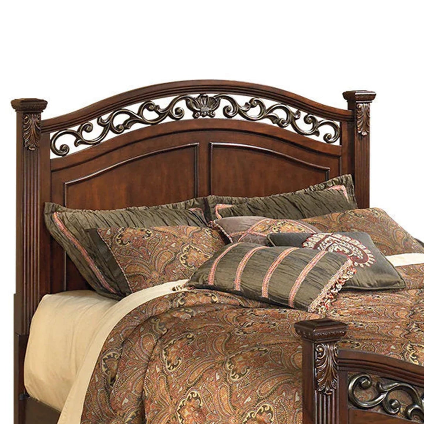 Benjara Aza Traditional Wood California King Bed, Leaf Carvings, Rich Cherry Brown