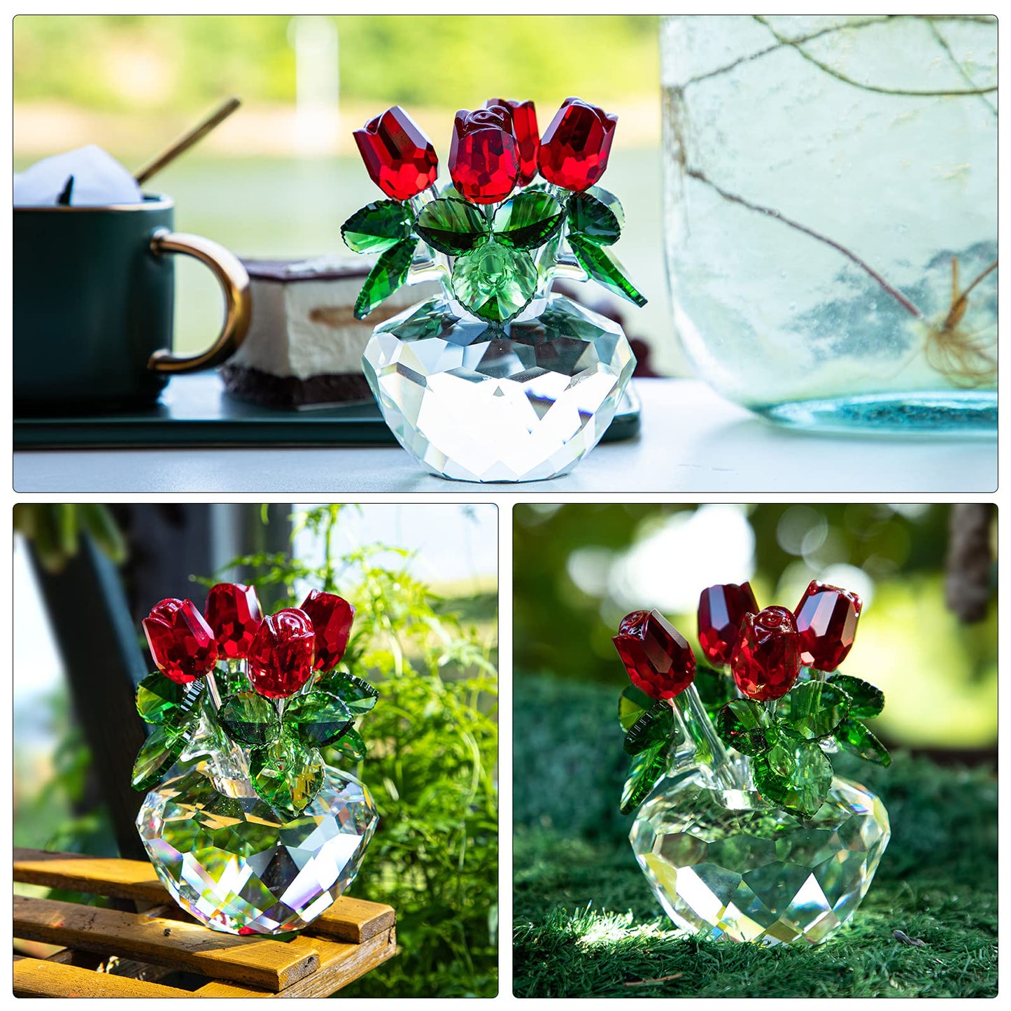 H&D HYALINE & DORA Red Rose Figurine Ornament Spring Bouquet Crystal Glass Flowers Gift-Boxed